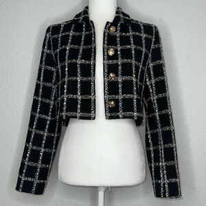 JASON WU Cropped Tweed Plaid Blazer Black Metallic Collard Long Sleeve Preppy 🖤